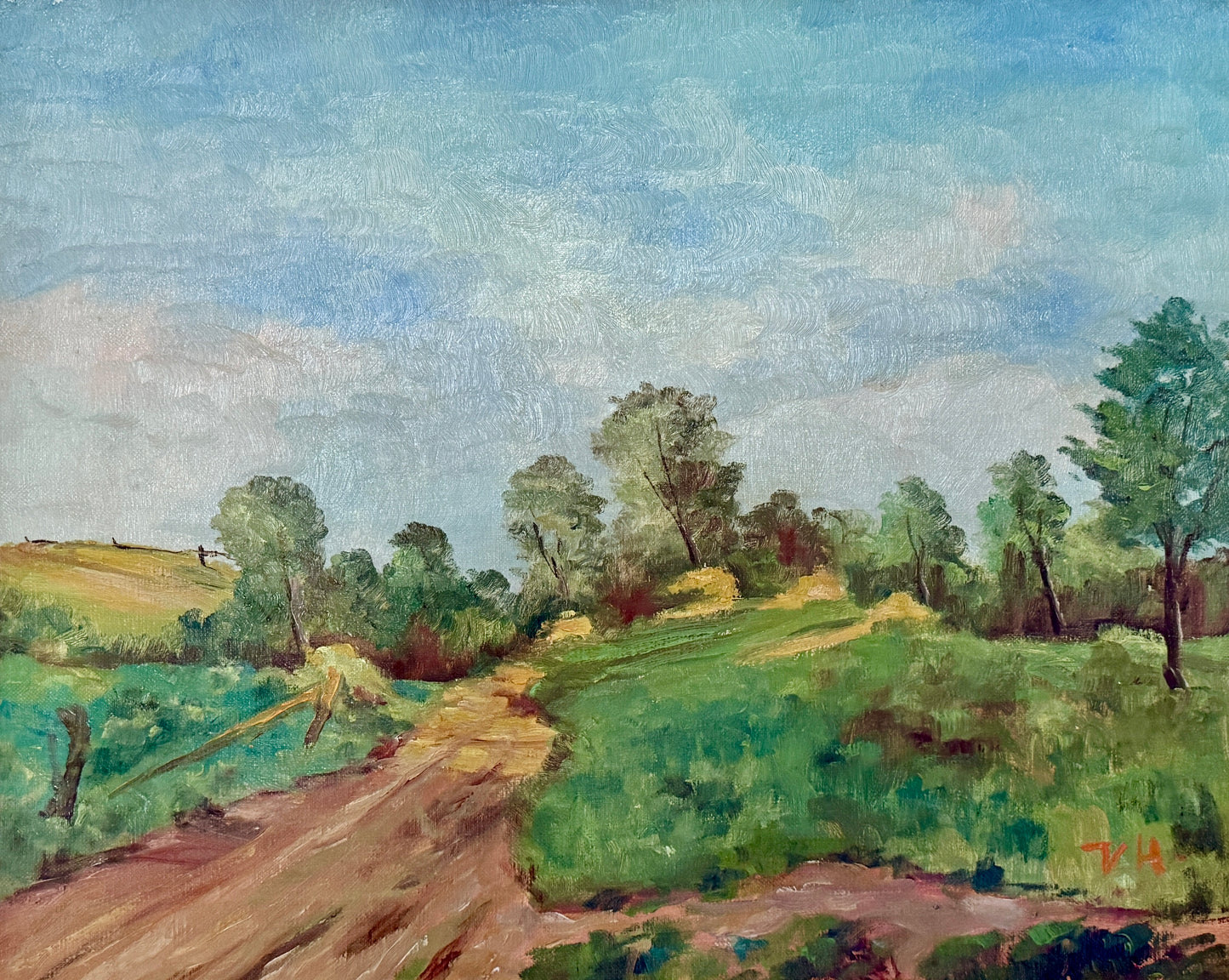 Vintage Impressionist Winding Road Country Landscape Oil Painting in Gold Frame