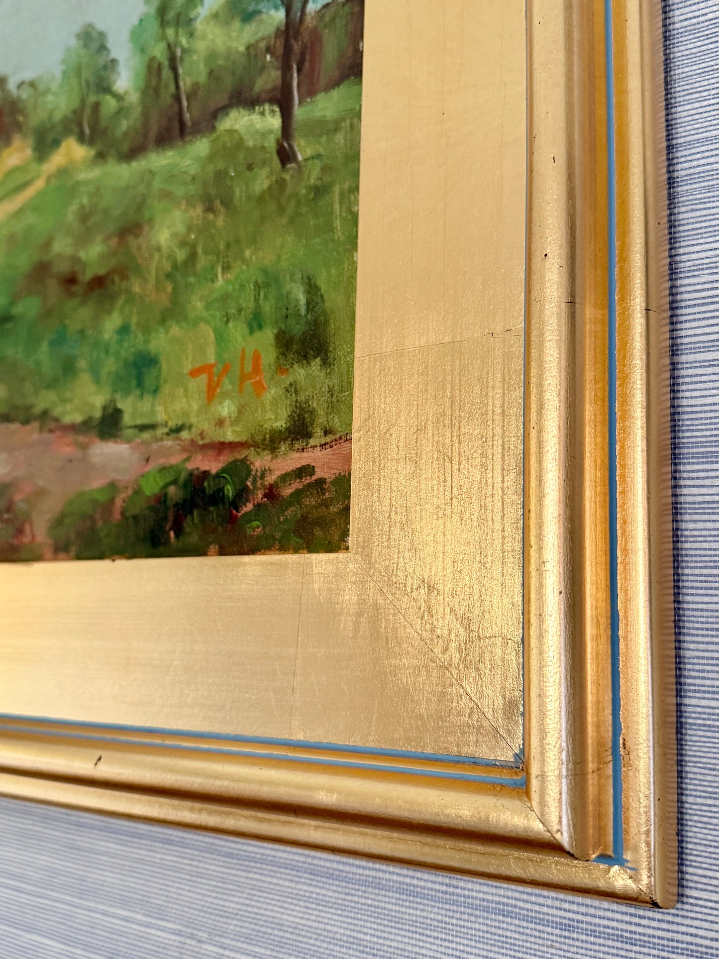 Vintage Impressionist Winding Road Country Landscape Oil Painting in Gold Frame
