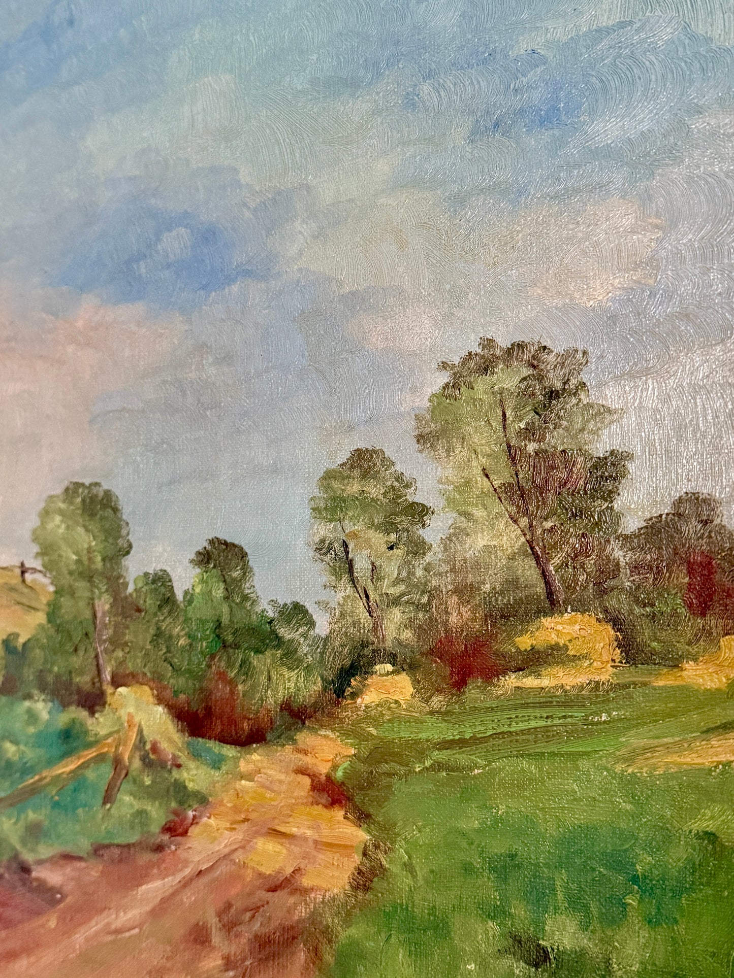 Vintage Impressionist Winding Road Country Landscape Oil Painting in Gold Frame