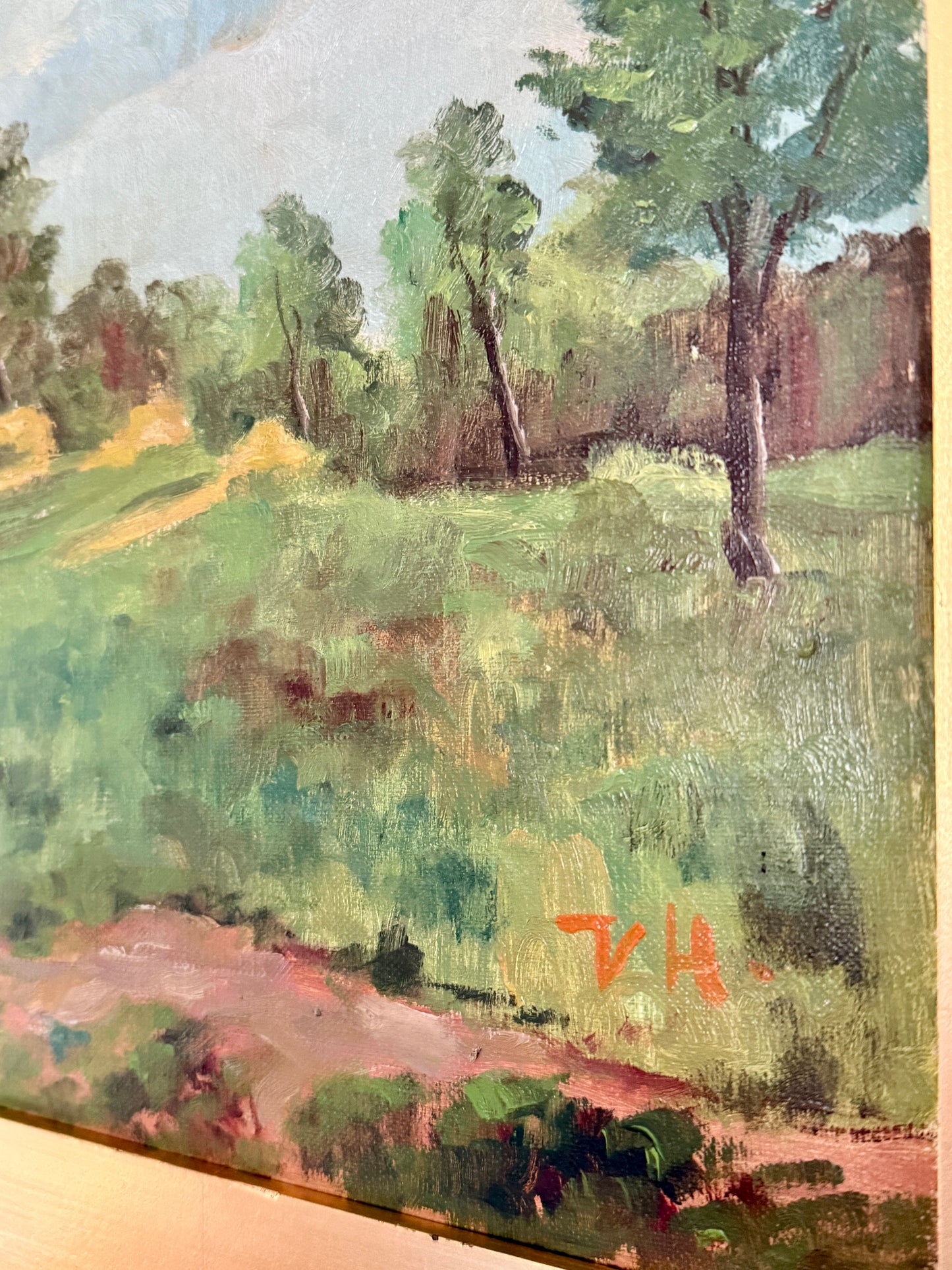 Vintage Impressionist Winding Road Country Landscape Oil Painting in Gold Frame