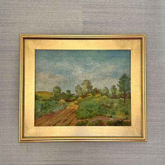 Vintage Impressionist Winding Road Country Landscape Oil Painting in Gold Frame