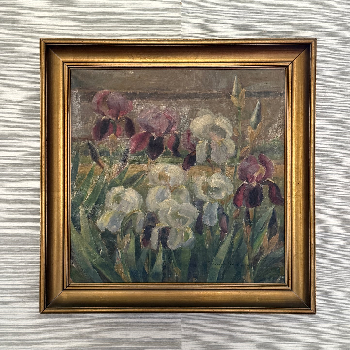 Cecilie Jacobaeus Early 20th Century Irises Oil Painting in Gold Frame