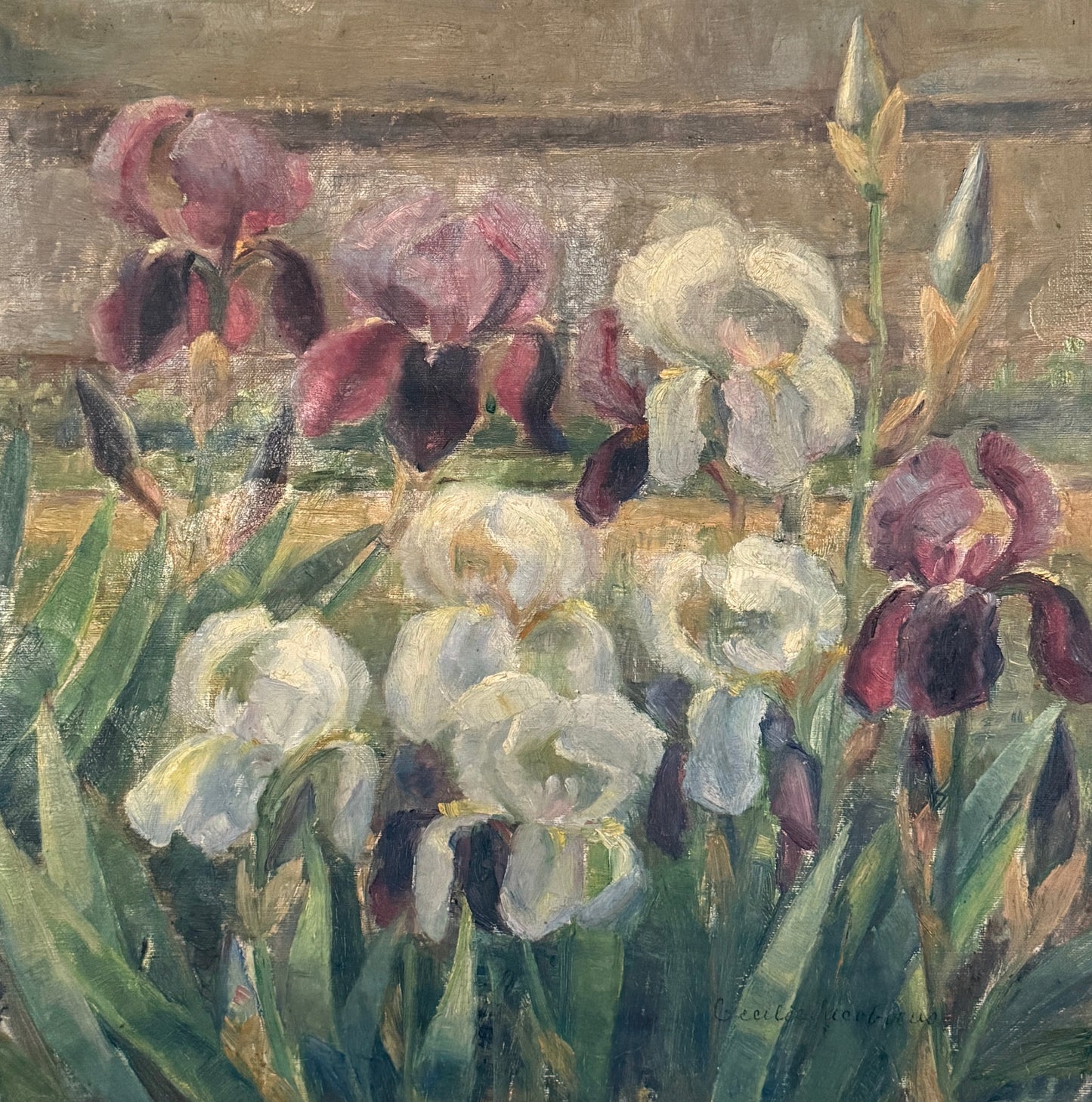 Cecilie Jacobaeus Early 20th Century Irises Oil Painting in Gold Frame