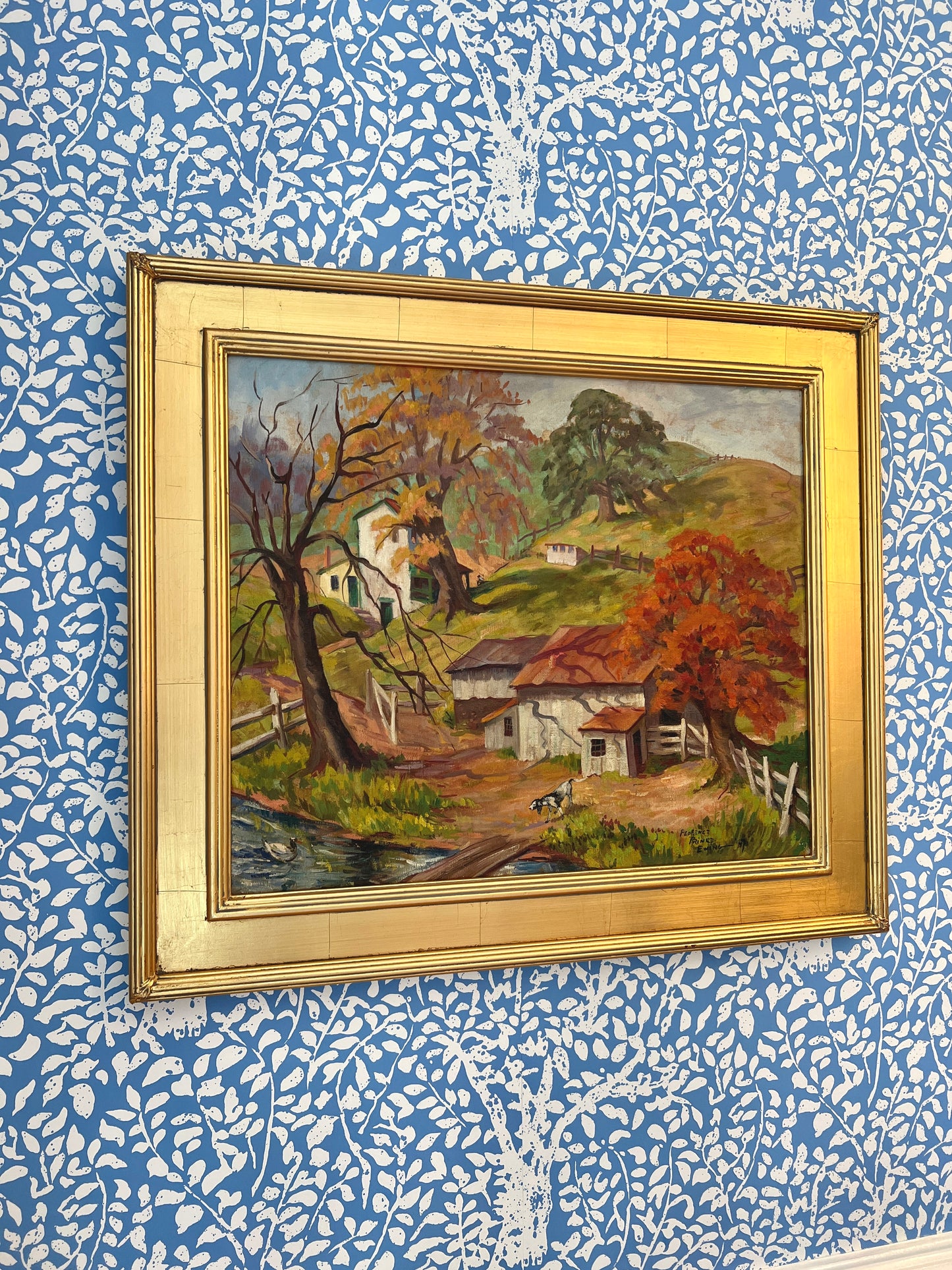 Florence Prince Ewing (American, 1898-1965) Oil Painting of Colorful Farm Landscape in Gold Frame