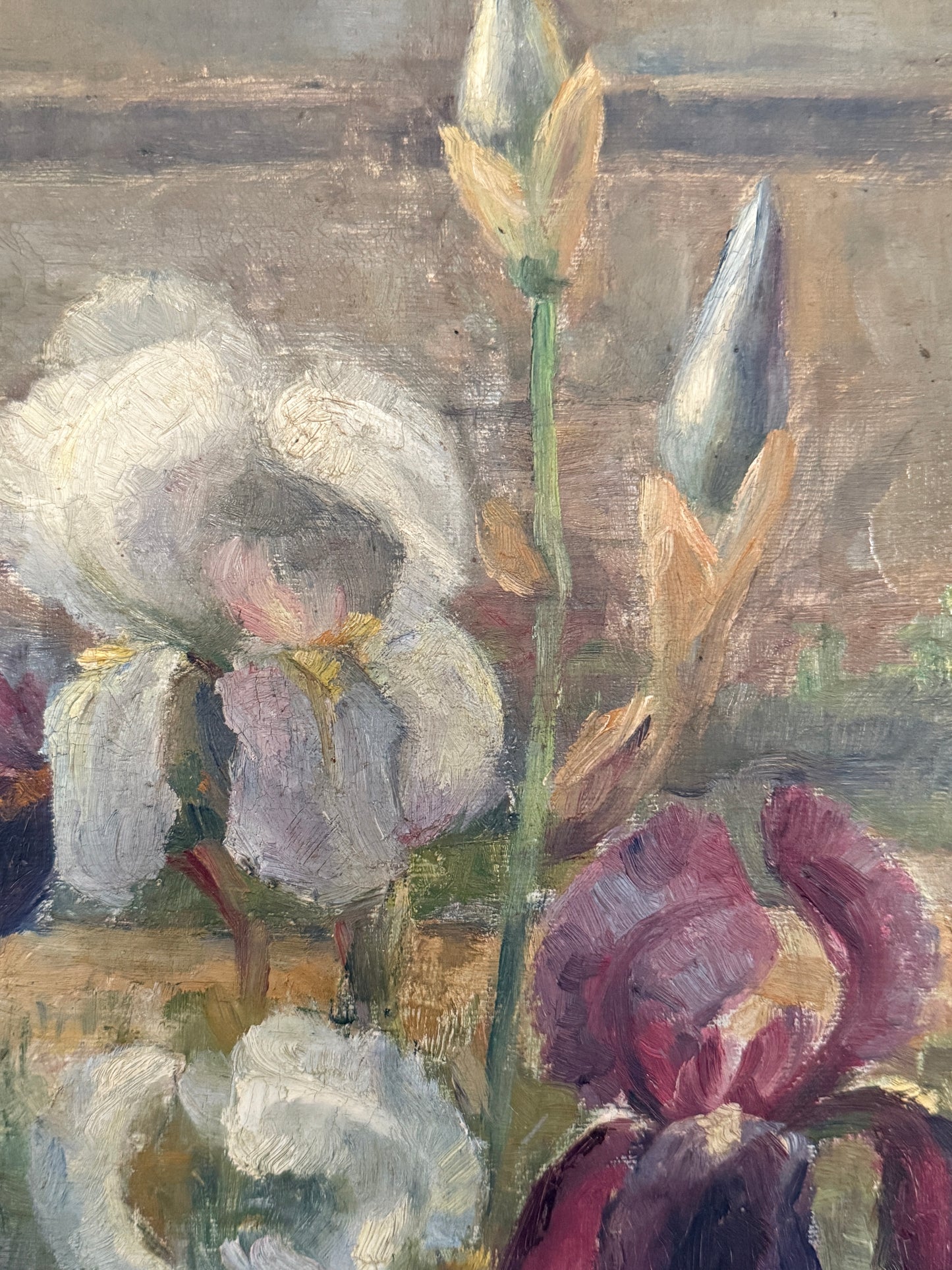 Cecilie Jacobaeus Early 20th Century Irises Oil Painting in Gold Frame