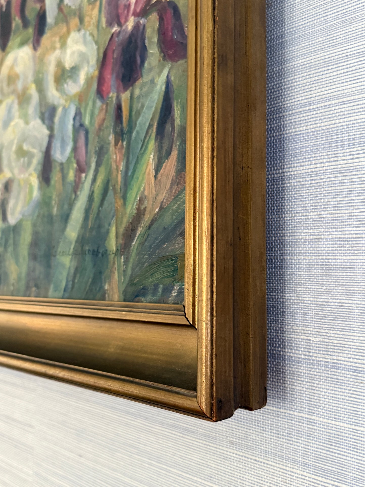 Cecilie Jacobaeus Early 20th Century Irises Oil Painting in Gold Frame