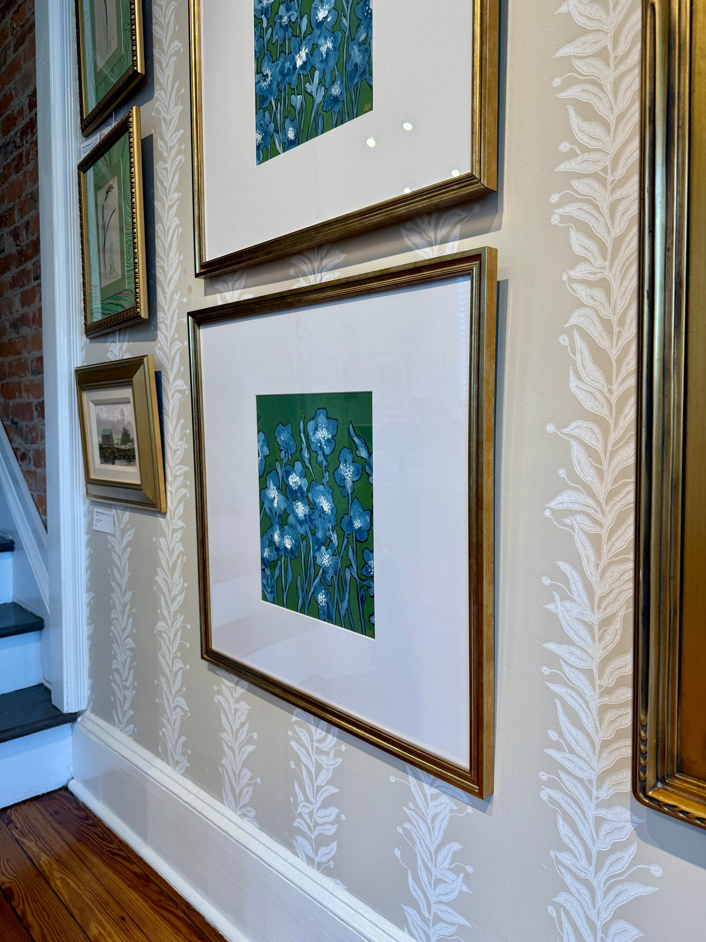 Alison Diamond McElroy Blue and Green with Envy II Abstract Floral Painting in Gold Frame