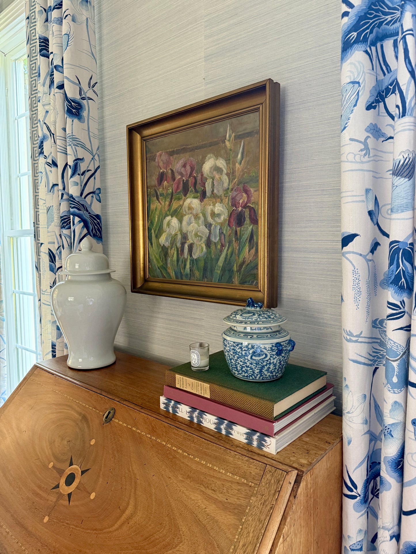 Cecilie Jacobaeus Early 20th Century Irises Oil Painting in Gold Frame