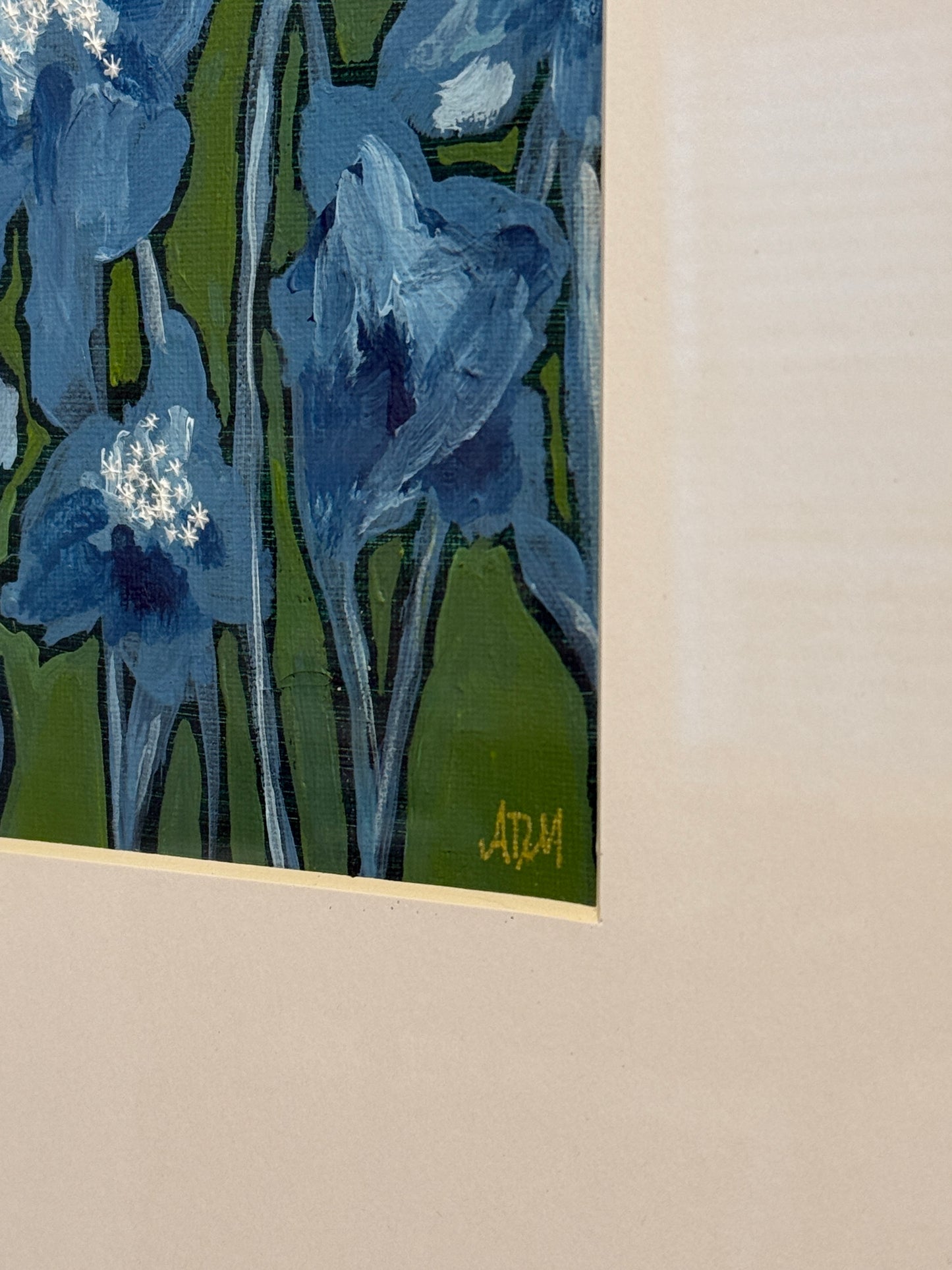 Alison Diamond McElroy Blue and Green with Envy I Abstract Floral Painting in Gold Frame