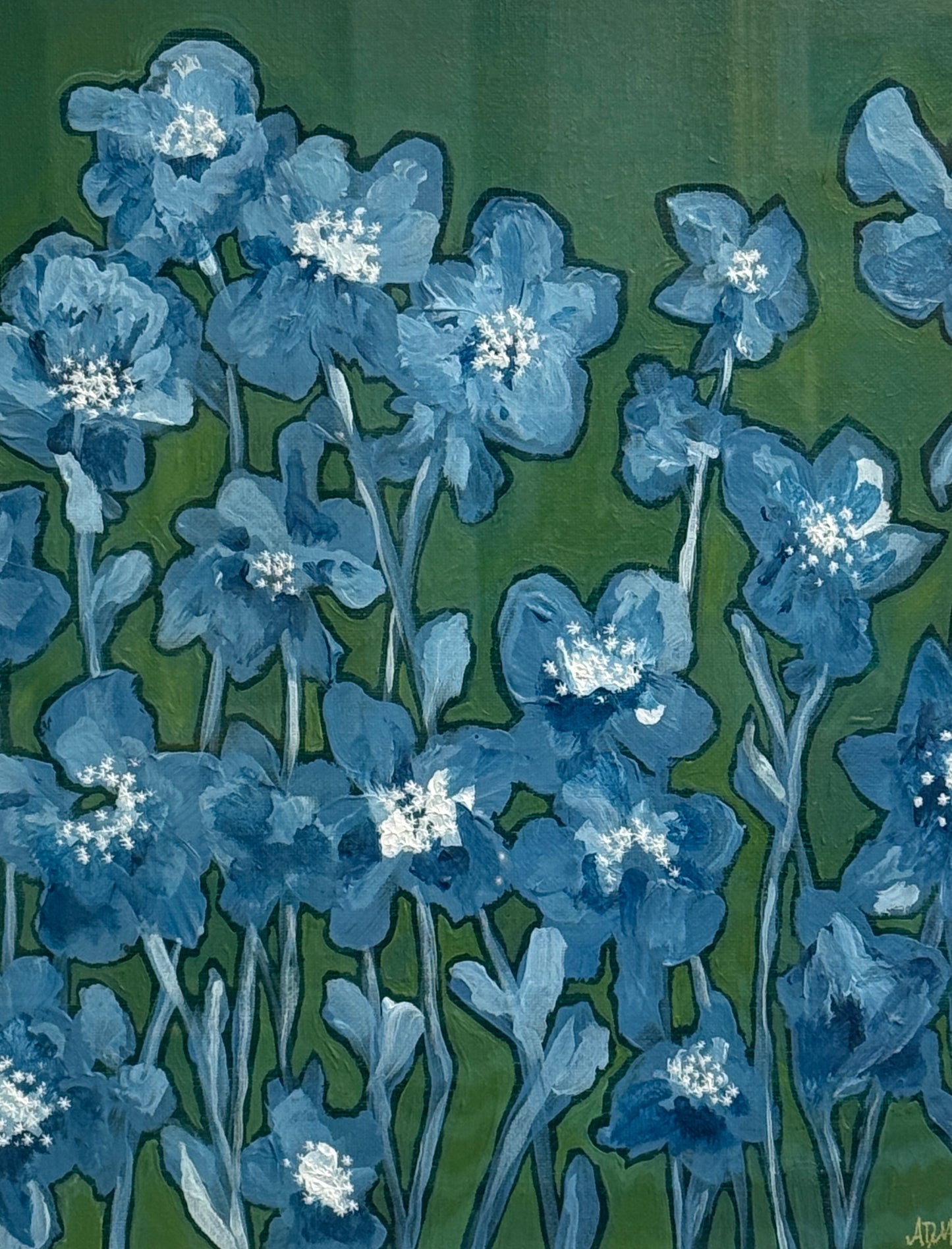 Alison Diamond McElroy Blue and Green with Envy I Abstract Floral Painting in Gold Frame