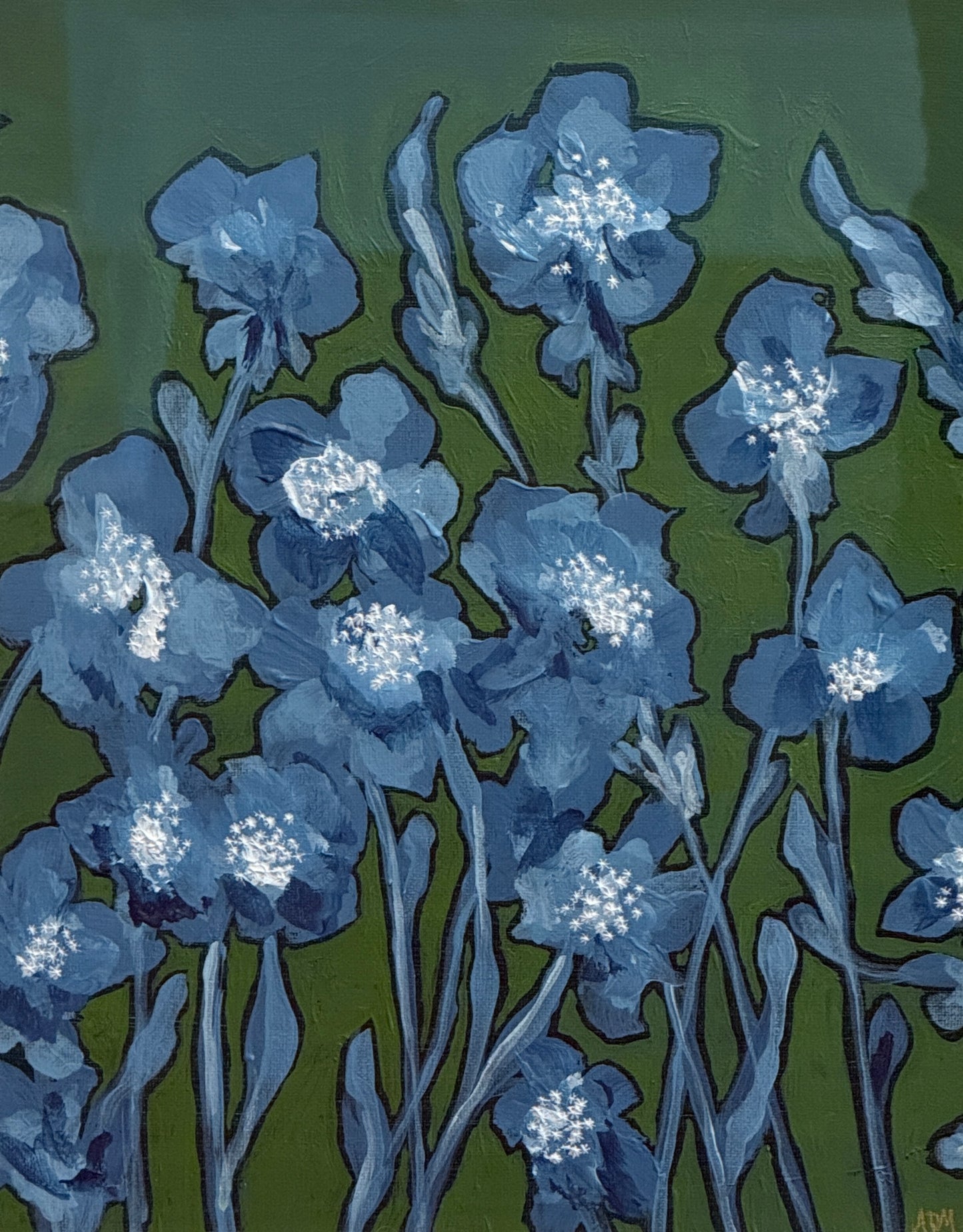 Alison Diamond McElroy Blue and Green with Envy II Abstract Floral Painting in Gold Frame