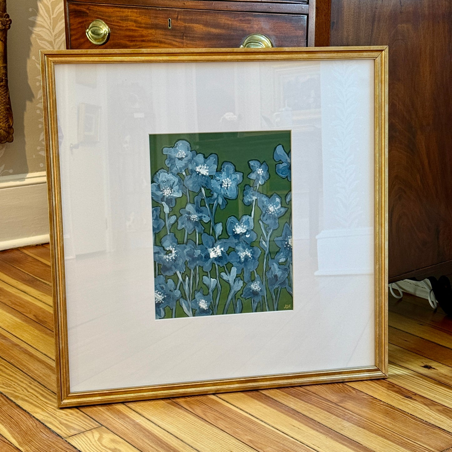 Alison Diamond McElroy Blue and Green with Envy I Abstract Floral Painting in Gold Frame