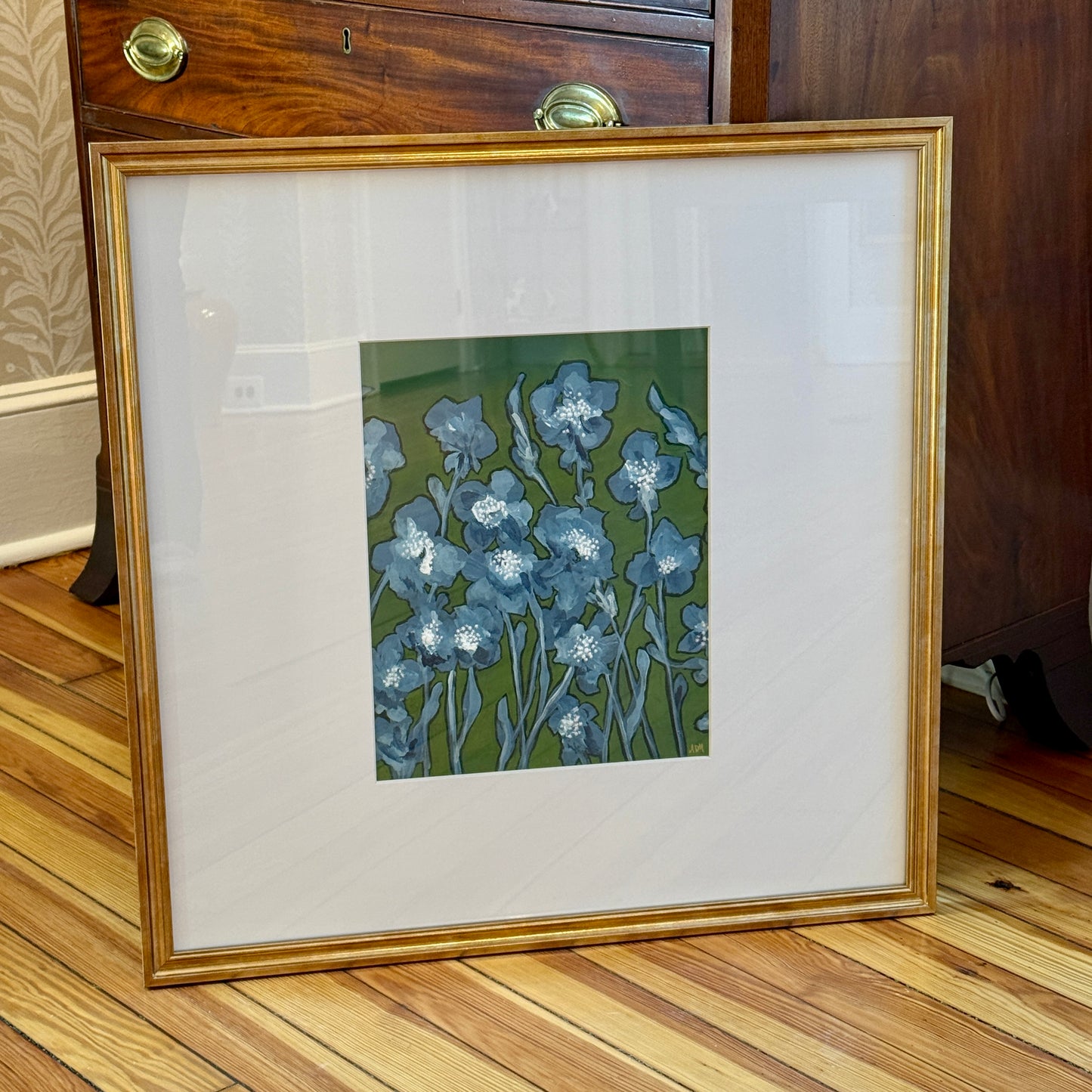 Alison Diamond McElroy Blue and Green with Envy II Abstract Floral Painting in Gold Frame