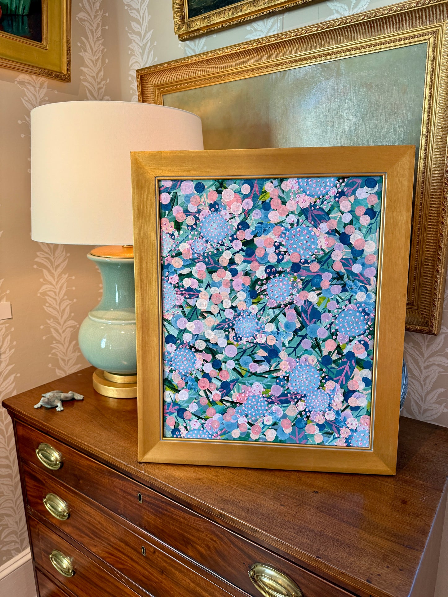 Alison Diamond McElroy Dreaming in Pink II Abstract Floral Painting in Gold Frame