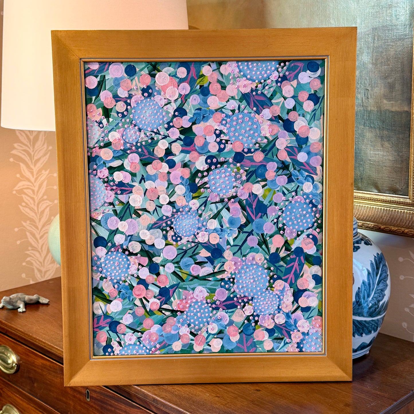 Alison Diamond McElroy Dreaming in Pink II Abstract Floral Painting in Gold Frame