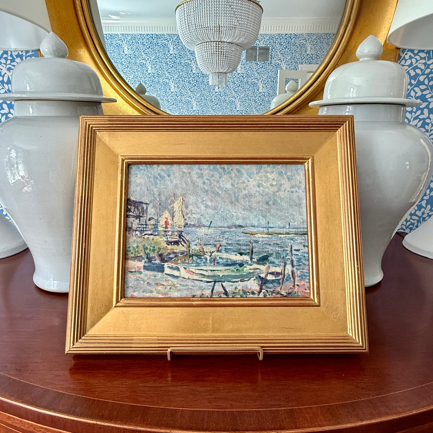 Hitz Impressionist Sailboats in Harborscape Oil Painting in Gold Frame