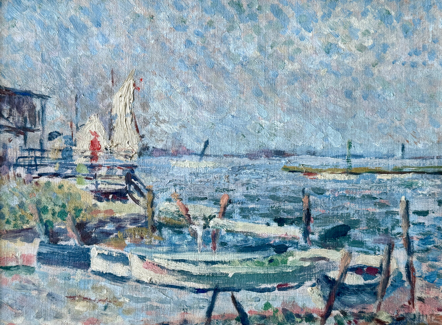 Hitz Impressionist Sailboats in Harborscape Oil Painting in Gold Frame