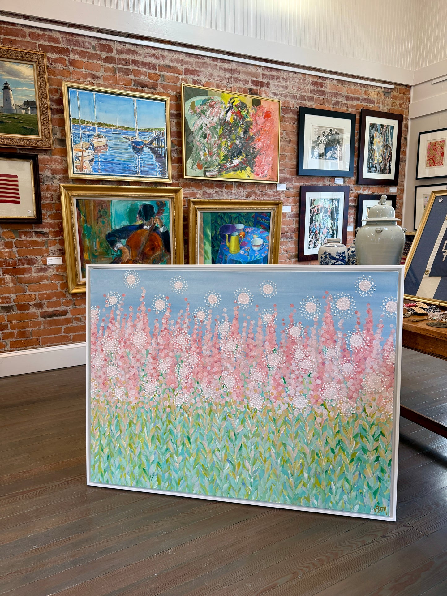 Alison Diamond McElroy Floating Away Abstract Floral Painting in White Floater Frame