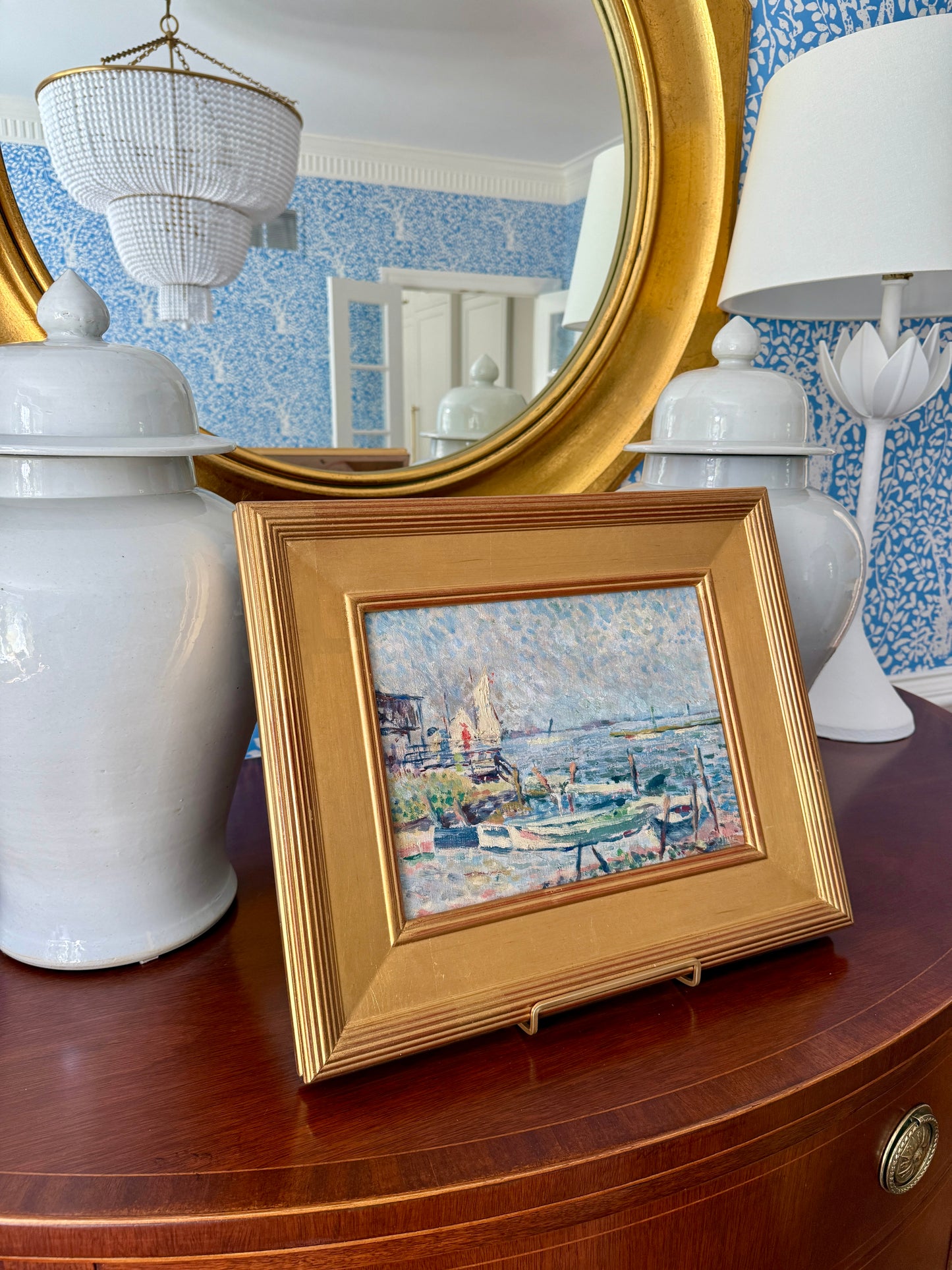 Hitz Impressionist Sailboats in Harborscape Oil Painting in Gold Frame