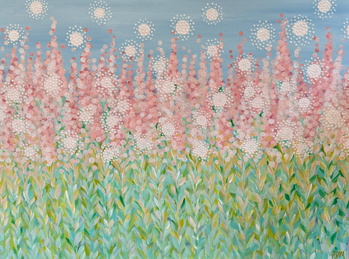 Alison Diamond McElroy Floating Away Abstract Floral Painting in White Floater Frame