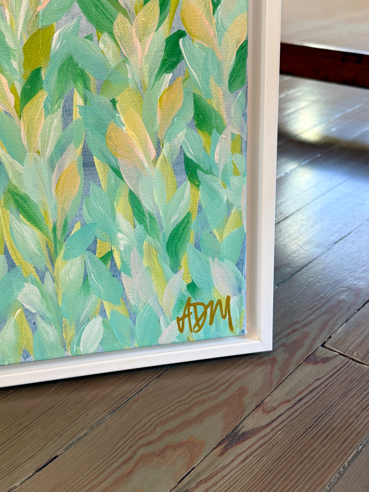 Alison Diamond McElroy Floating Away Abstract Floral Painting in White Floater Frame