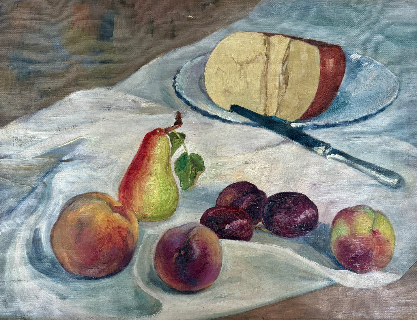 Vintage French Still Life Oil Painting of Fruit and Gouda on Blue and White Plate in Gold Frame