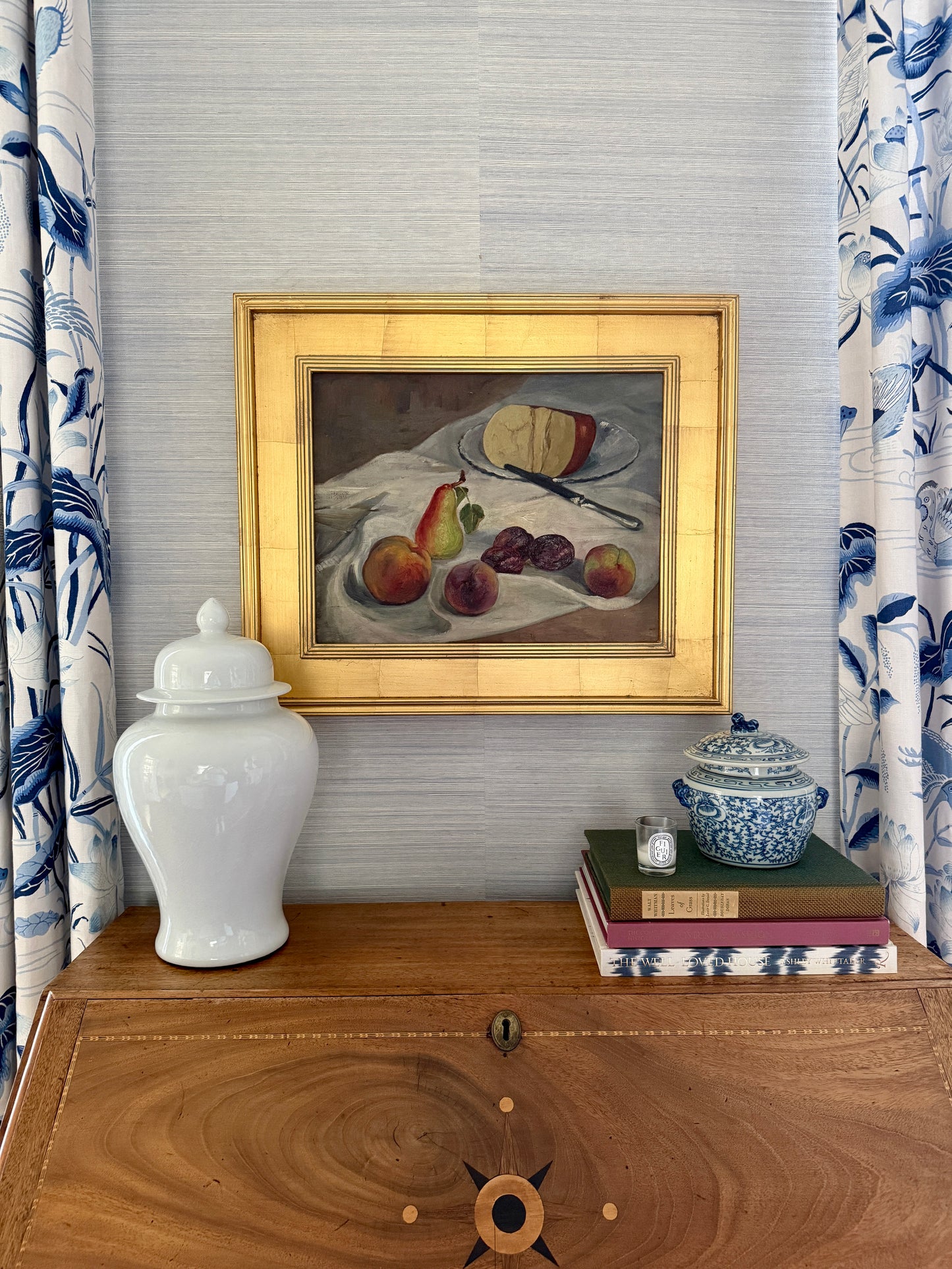 Vintage French Still Life Oil Painting of Fruit and Gouda on Blue and White Plate in Gold Frame