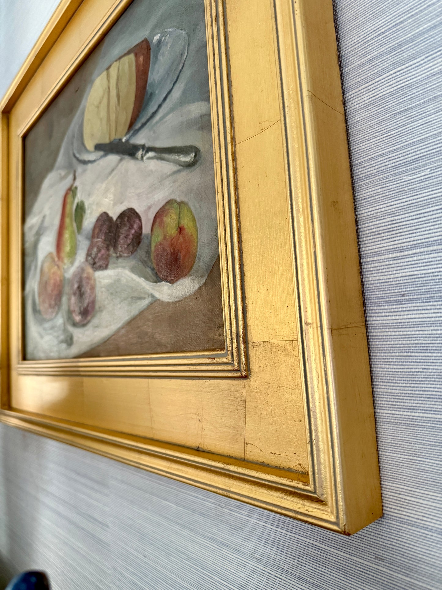 Vintage French Still Life Oil Painting of Fruit and Gouda on Blue and White Plate in Gold Frame