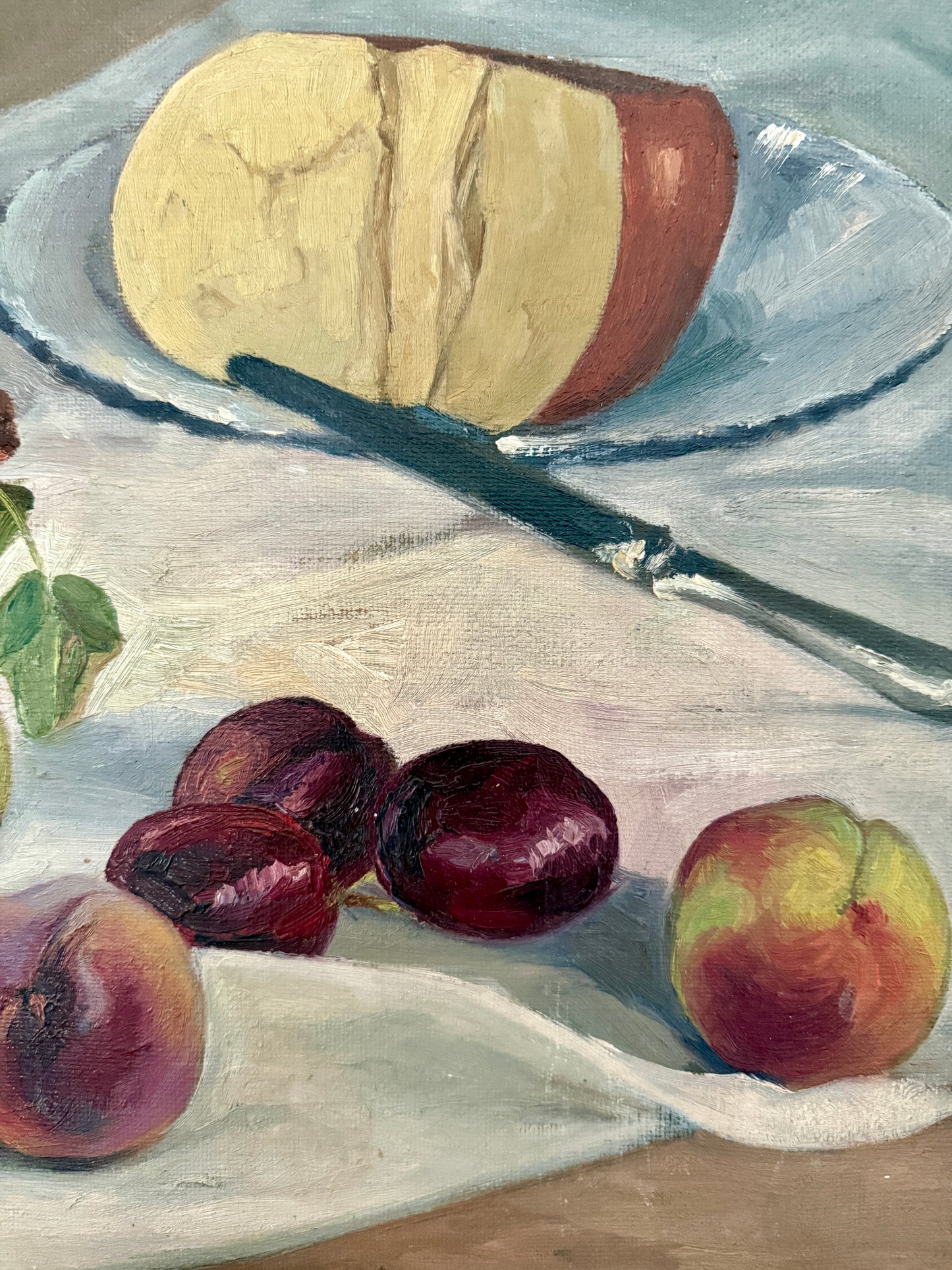 Vintage French Still Life Oil Painting of Fruit and Gouda on Blue and White Plate in Gold Frame