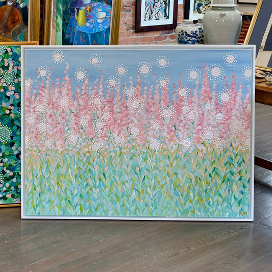 Alison Diamond McElroy Floating Away Abstract Floral Painting in White Floater Frame