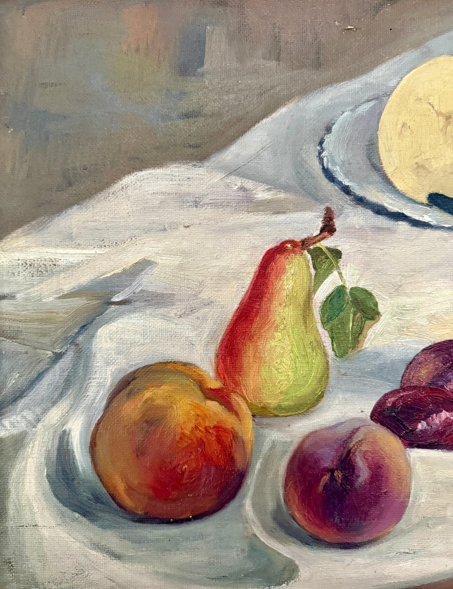 Vintage French Still Life Oil Painting of Fruit and Gouda on Blue and White Plate in Gold Frame