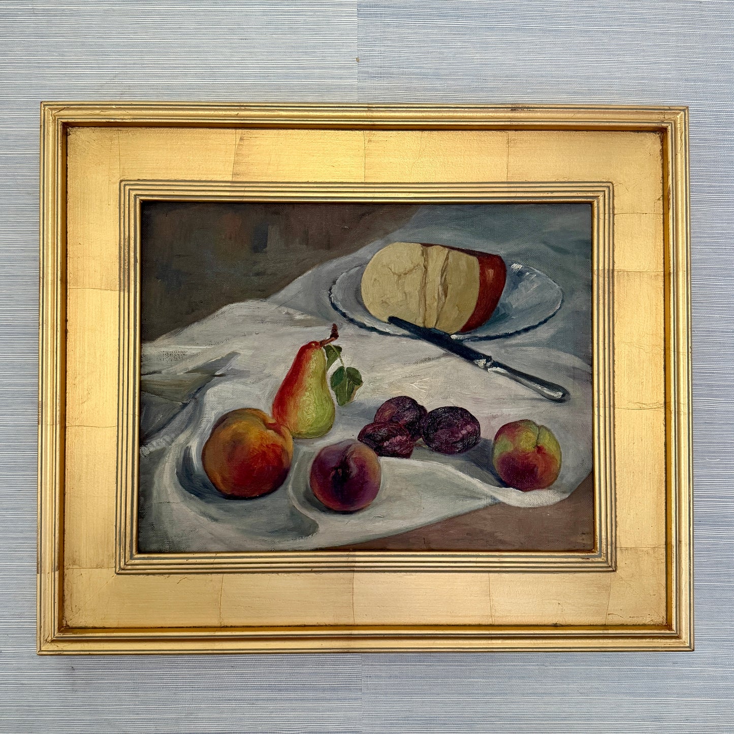 Vintage French Still Life Oil Painting of Fruit and Gouda on Blue and White Plate in Gold Frame