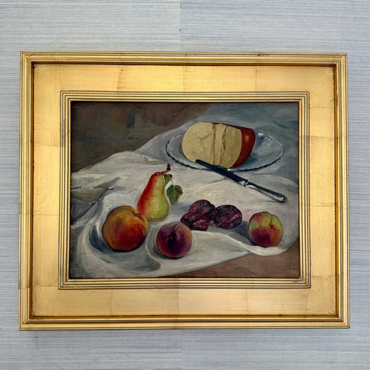 Vintage French Still Life Oil Painting of Fruit and Gouda on Blue and White Plate in Gold Frame