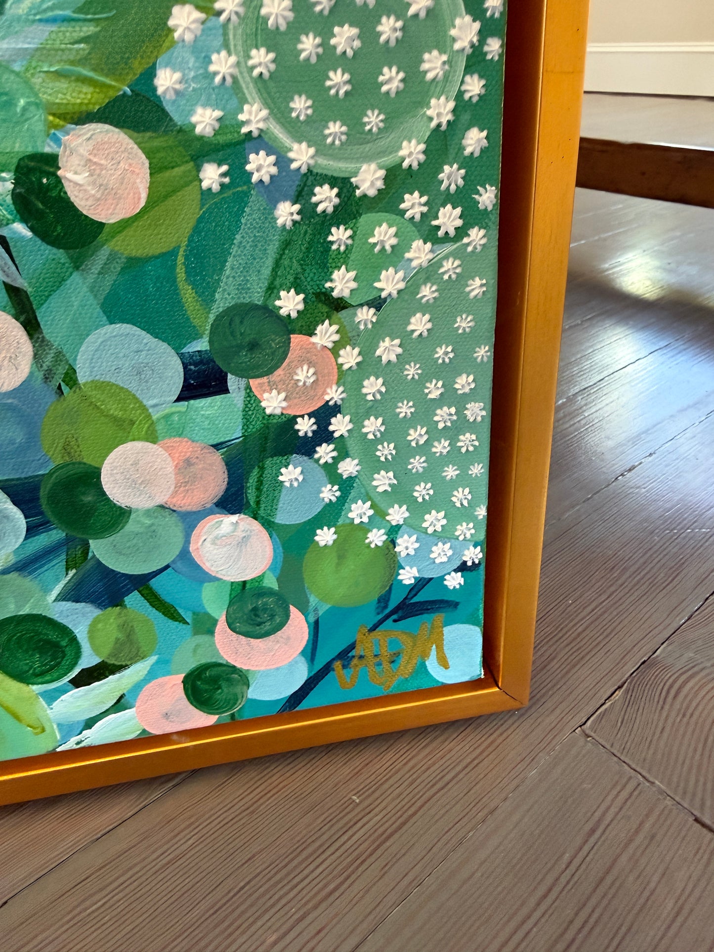 Alison Diamond McElroy Ethereal Garden Abstract Floral Painting in Gold Floater Frame