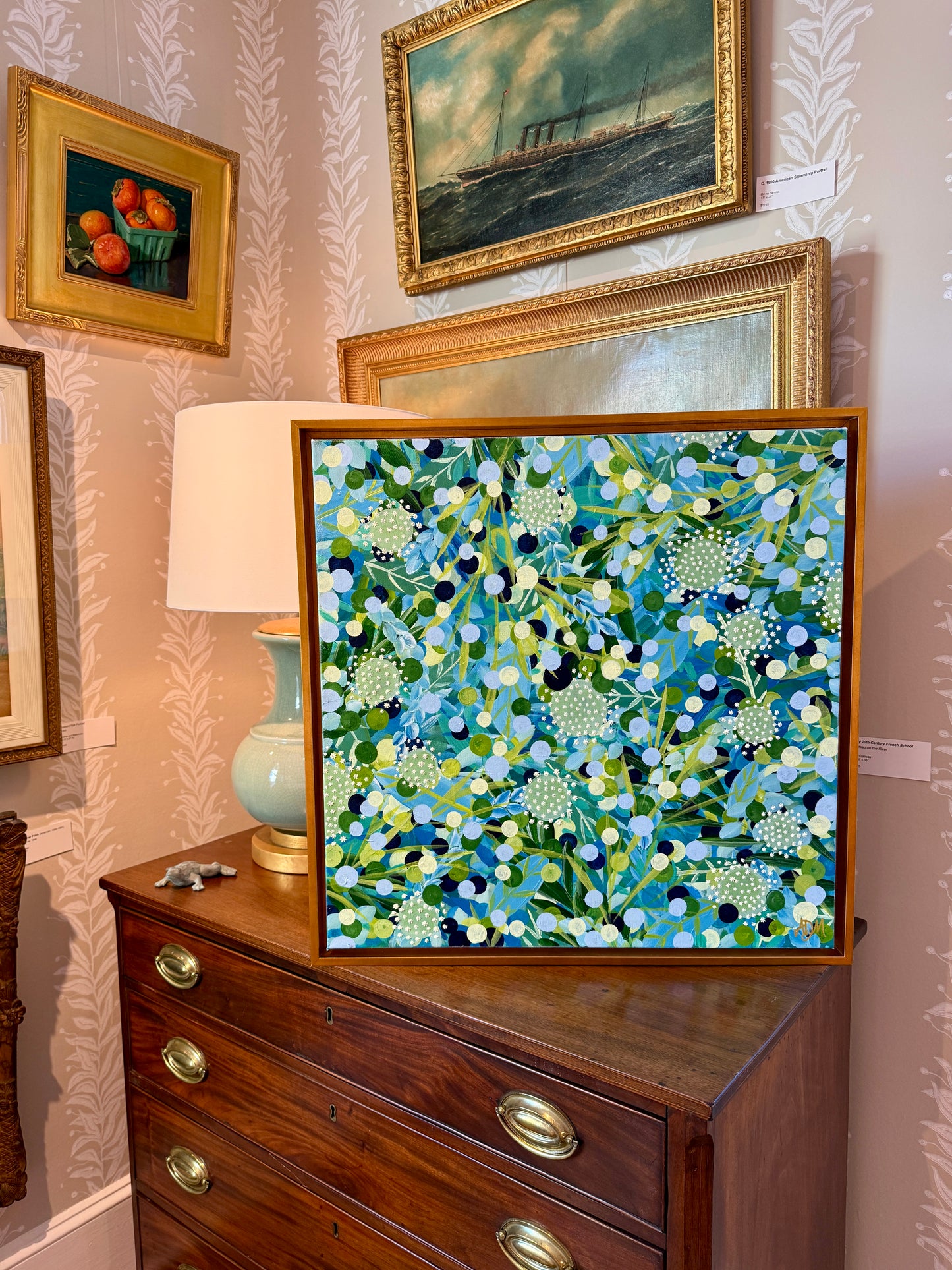 Alison Diamond McElroy Still Blooming Abstract Floral Painting in Gold Floater Frame