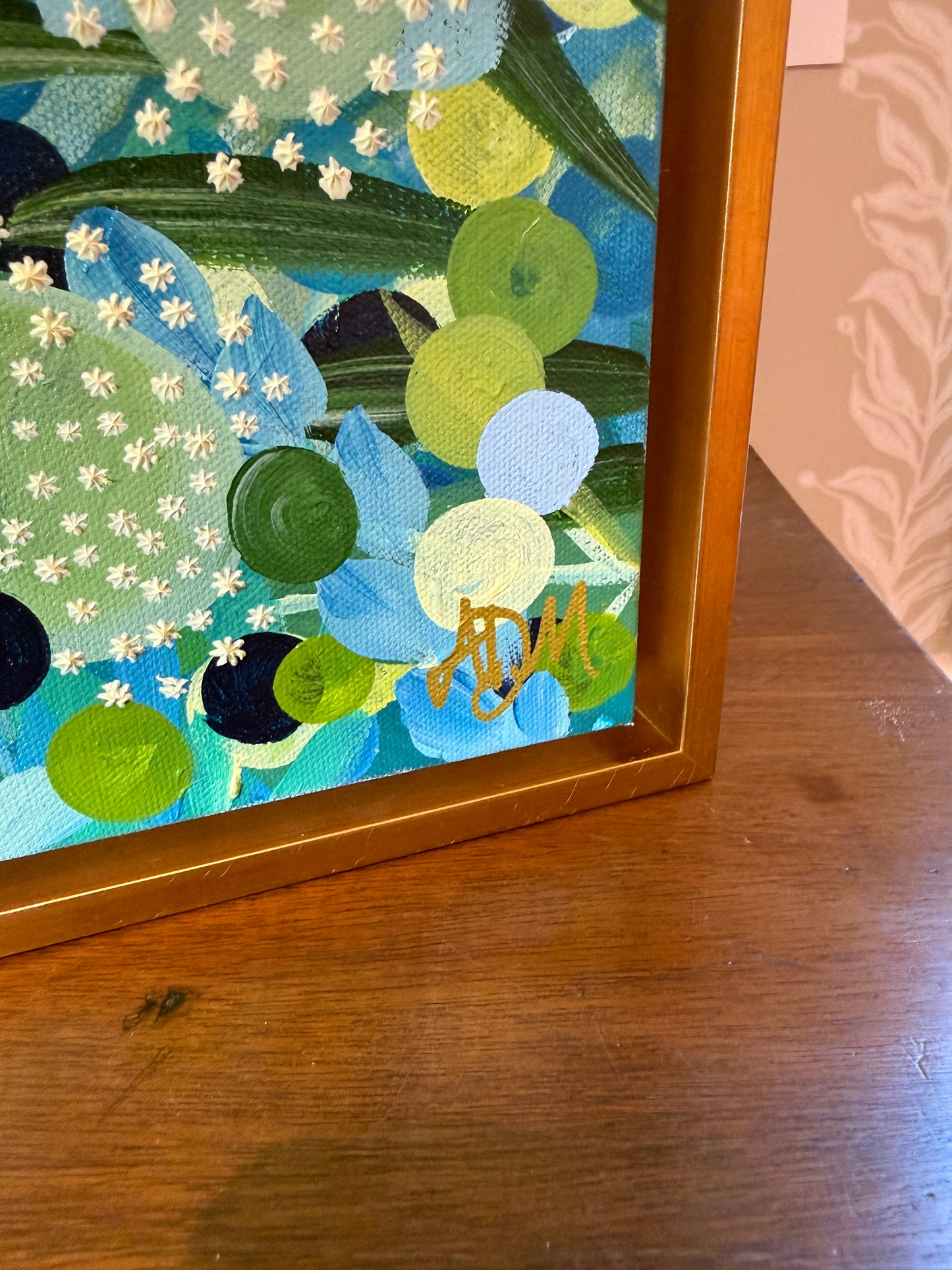 Alison Diamond McElroy Still Blooming Abstract Floral Painting in Gold Floater Frame