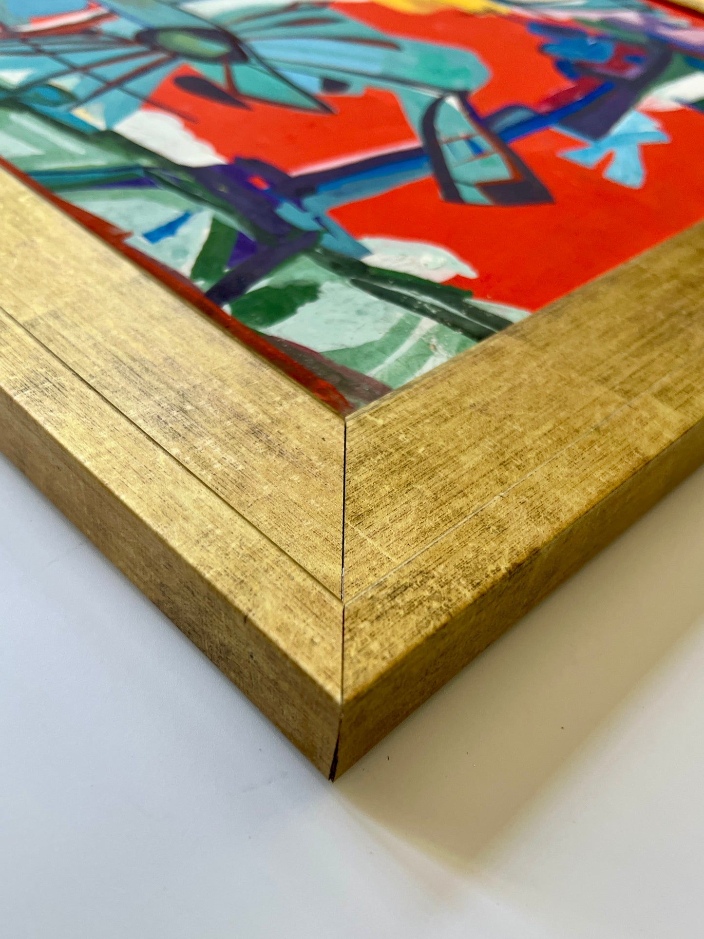 Vintage Abstract Osiris and the Jackal-Headed Anubis Gouache Painting in Gold Frame
