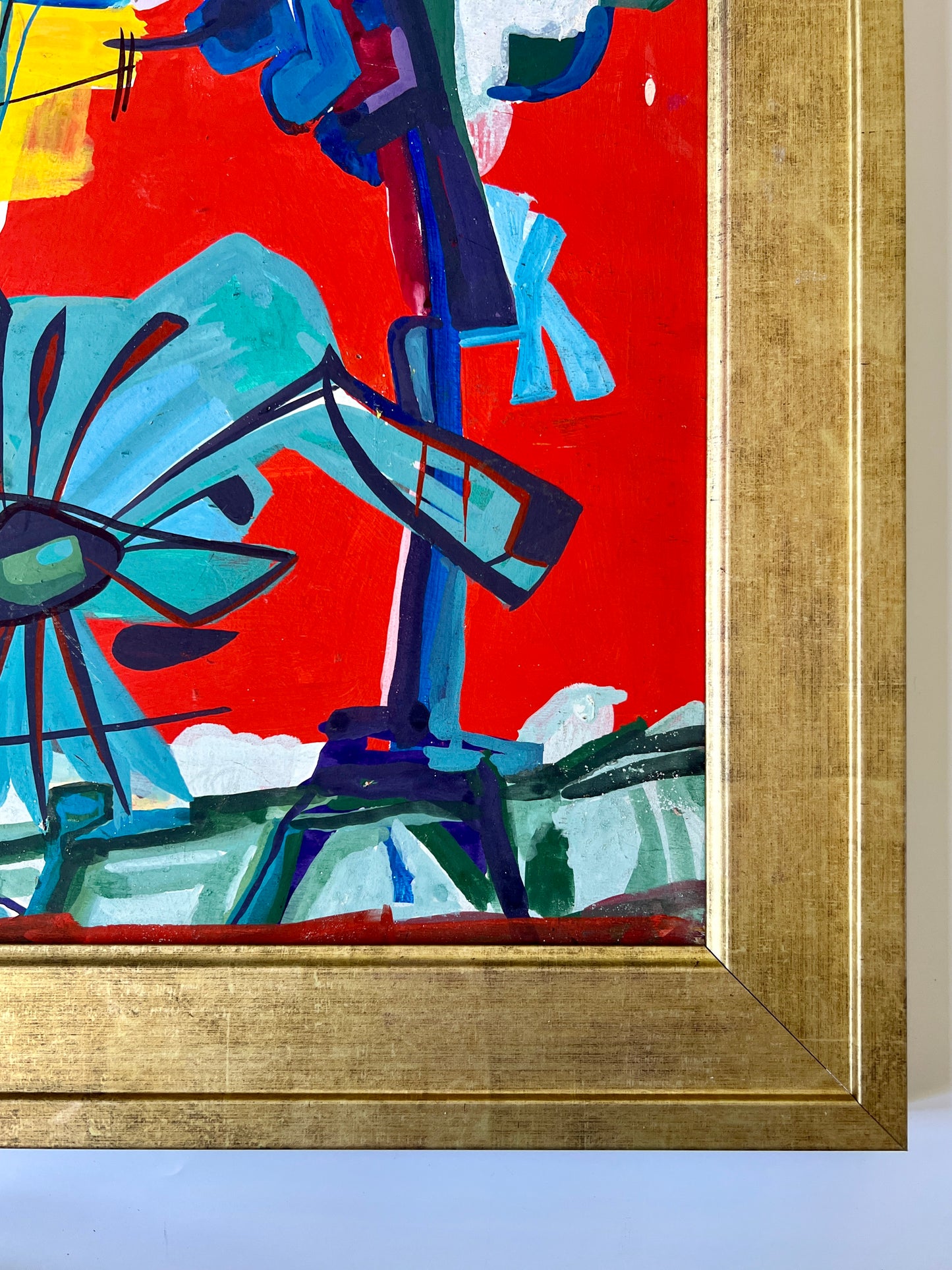 Vintage Abstract Osiris and the Jackal-Headed Anubis Gouache Painting in Gold Frame
