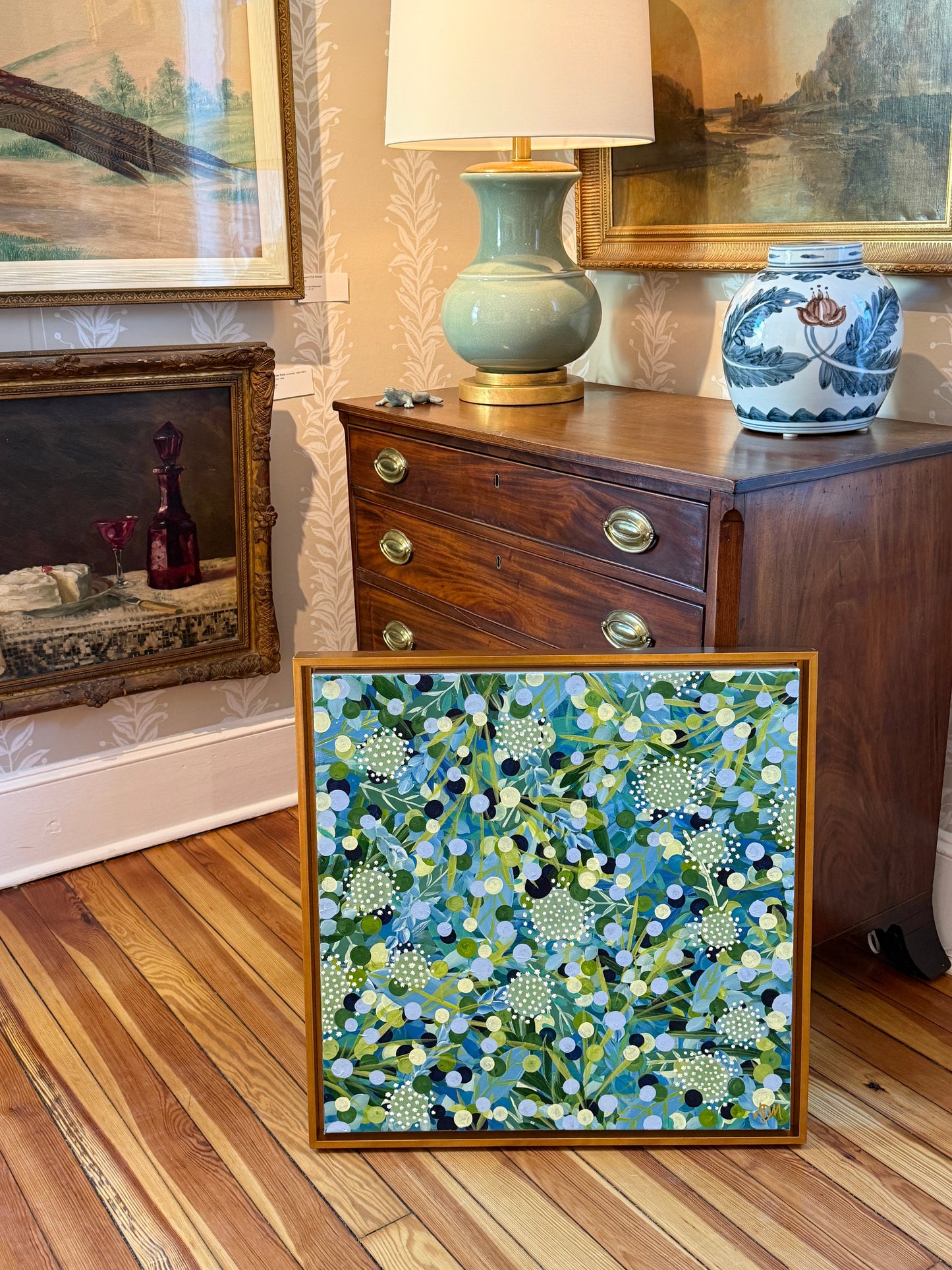 Alison Diamond McElroy Still Blooming Abstract Floral Painting in Gold Floater Frame