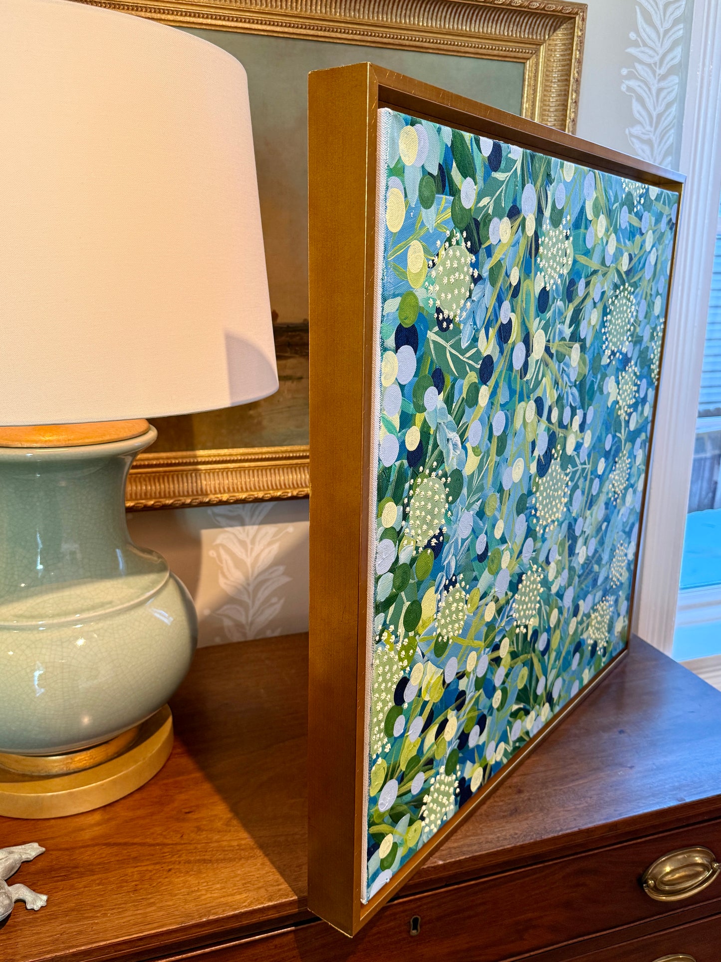 Alison Diamond McElroy Still Blooming Abstract Floral Painting in Gold Floater Frame