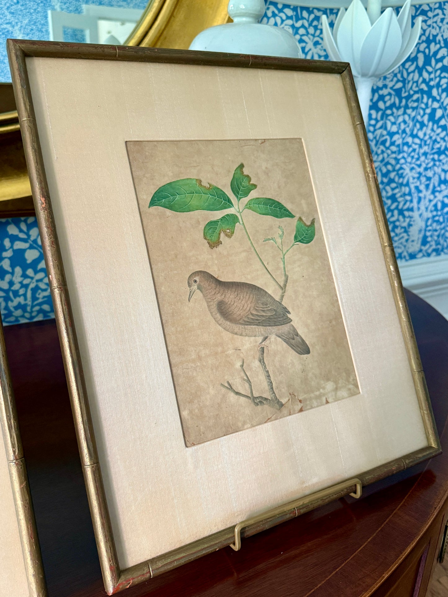 Pair of Antique Chinese Watercolor Painting Bird Portraits in Gilded Bamboo Frames