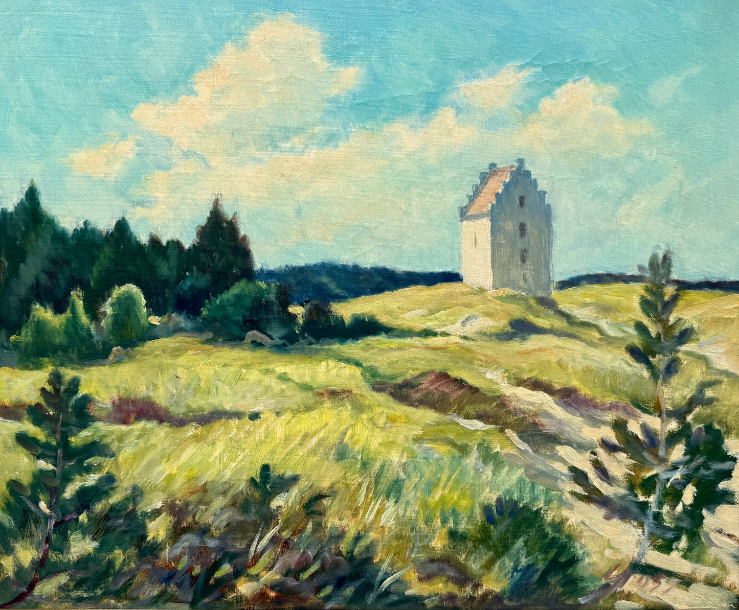 Einar Gross Sand Covered Church Skagen, Denmark Landscape Oil Painting in Gold Frame