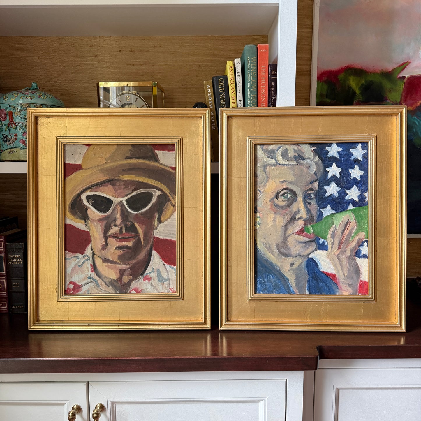 Lady of Summer Stars Stripes and Heineken Vintage Portrait Oil Painting in Gold Frame