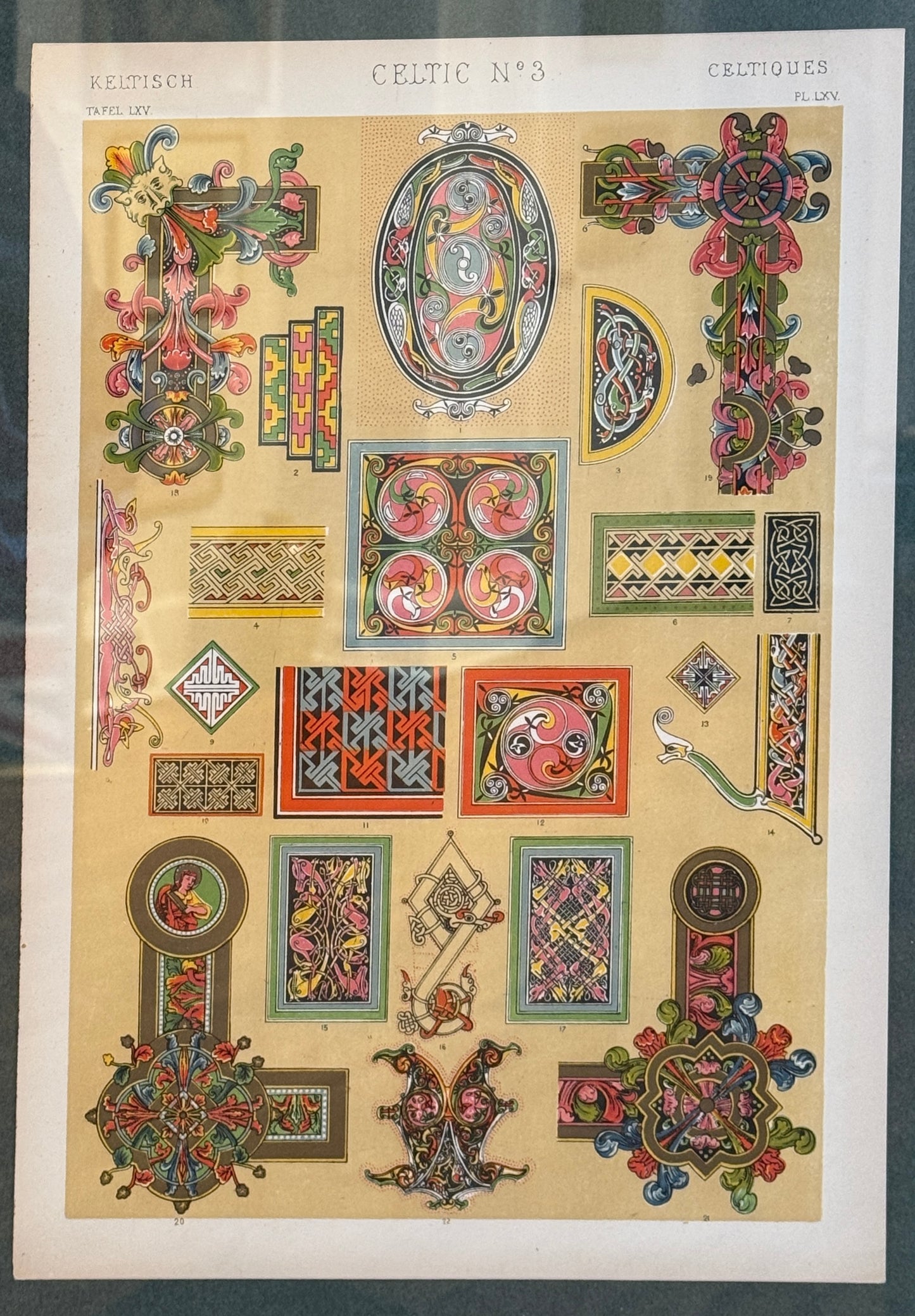 19th Century Colored Lithograph of Celtic Desigs from The Grammar of Ornament (1856)