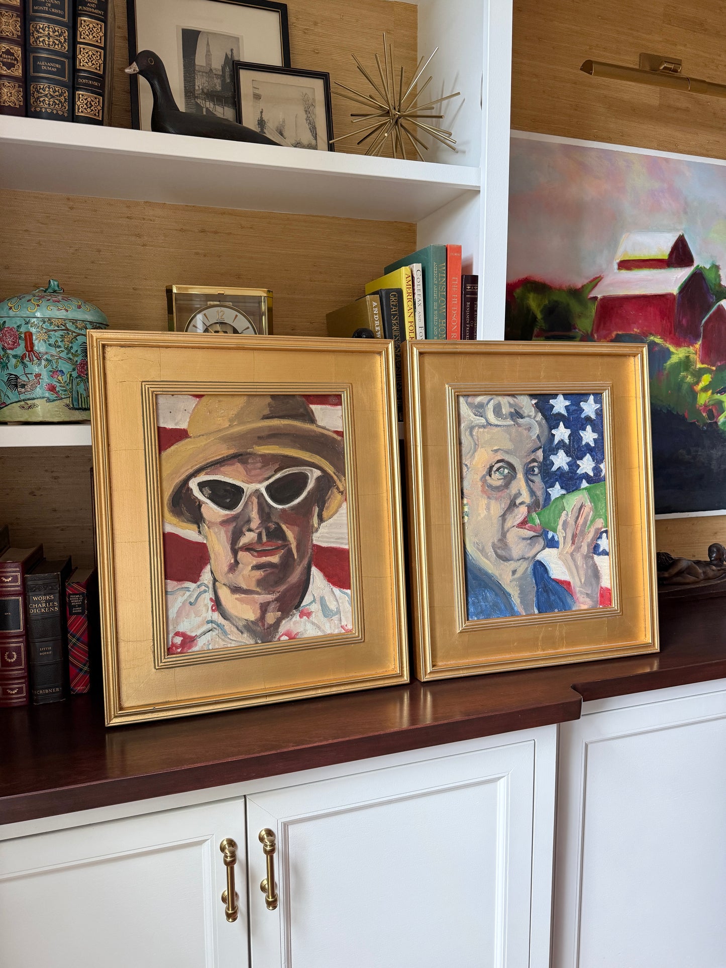 Lady of Summer Stars Stripes and Heineken Vintage Portrait Oil Painting in Gold Frame