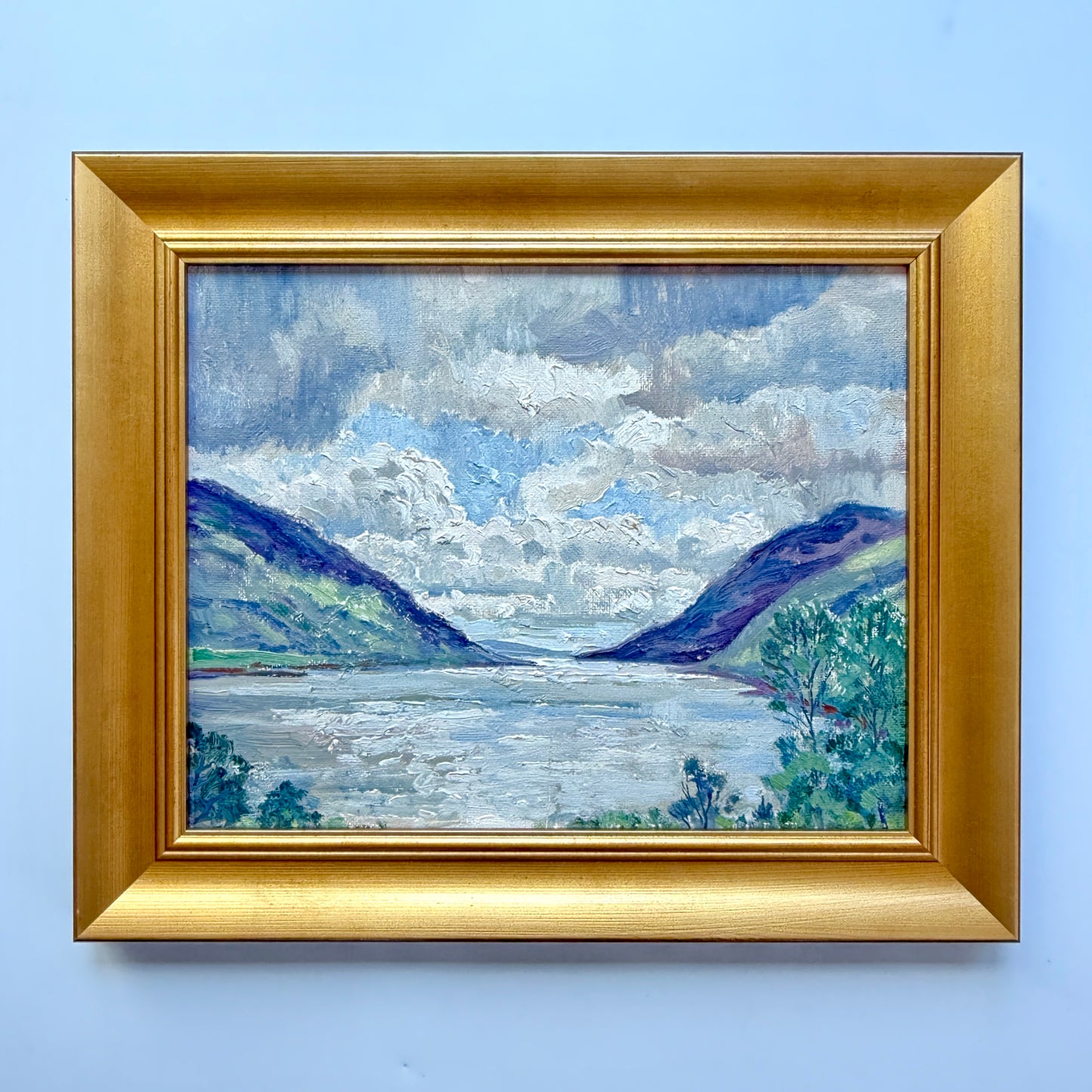 Vintage Blue Skies in the River Valley Mountain Landscape Oil Painting in Gold Frame