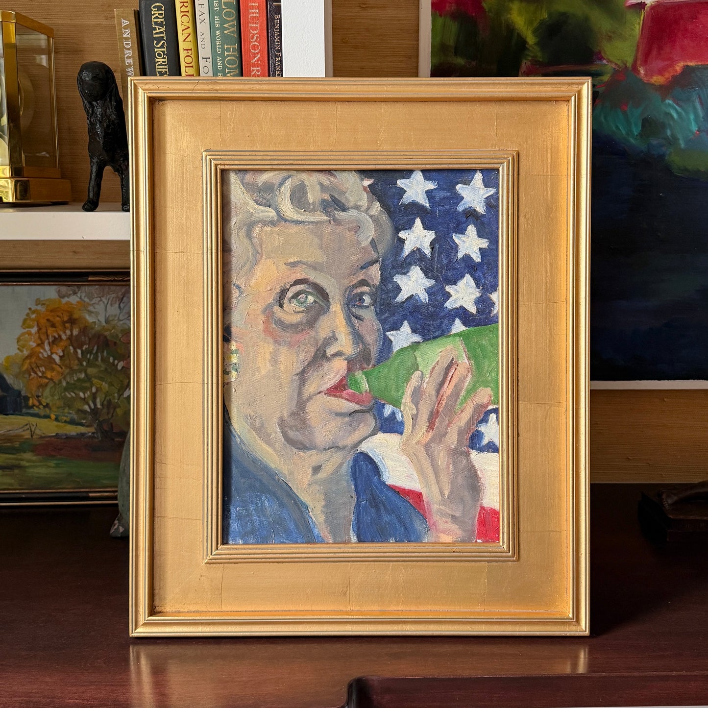 Lady of Summer Stars Stripes and Heineken Vintage Portrait Oil Painting in Gold Frame