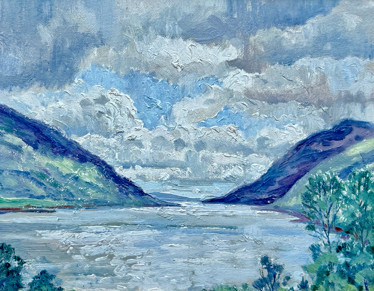 Vintage Blue Skies in the River Valley Mountain Landscape Oil Painting in Gold Frame
