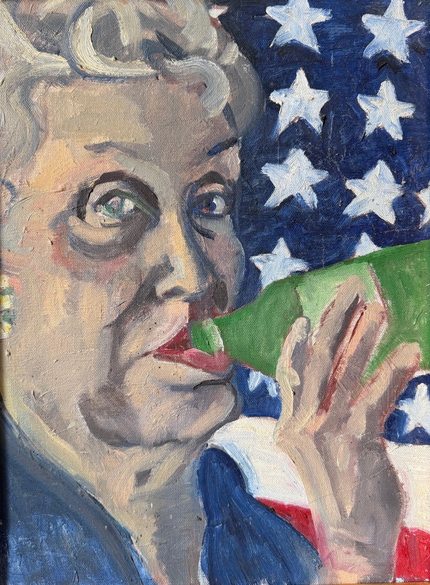 Lady of Summer Stars Stripes and Heineken Vintage Portrait Oil Painting in Gold Frame