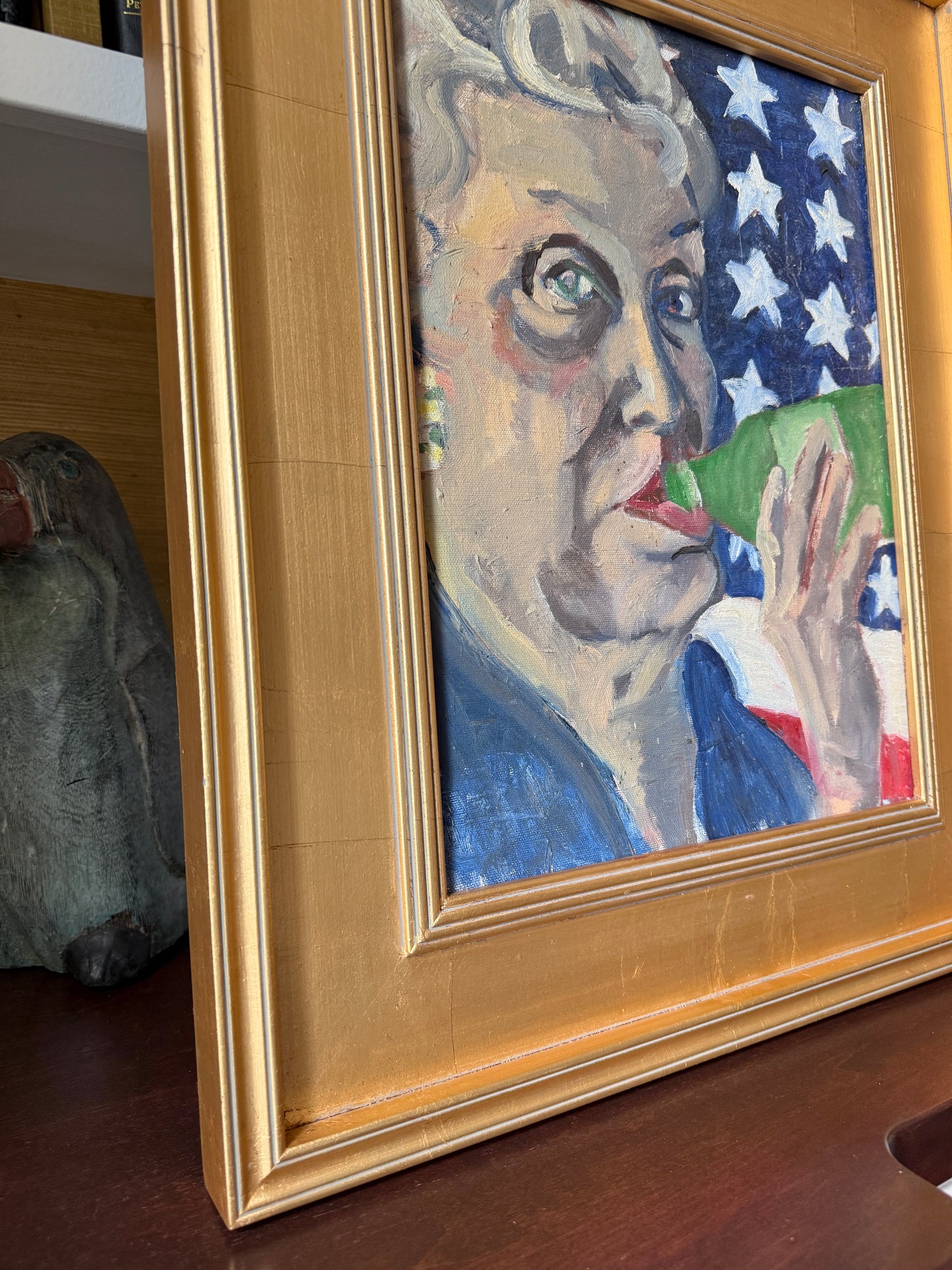 Lady of Summer Stars Stripes and Heineken Vintage Portrait Oil Painting in Gold Frame